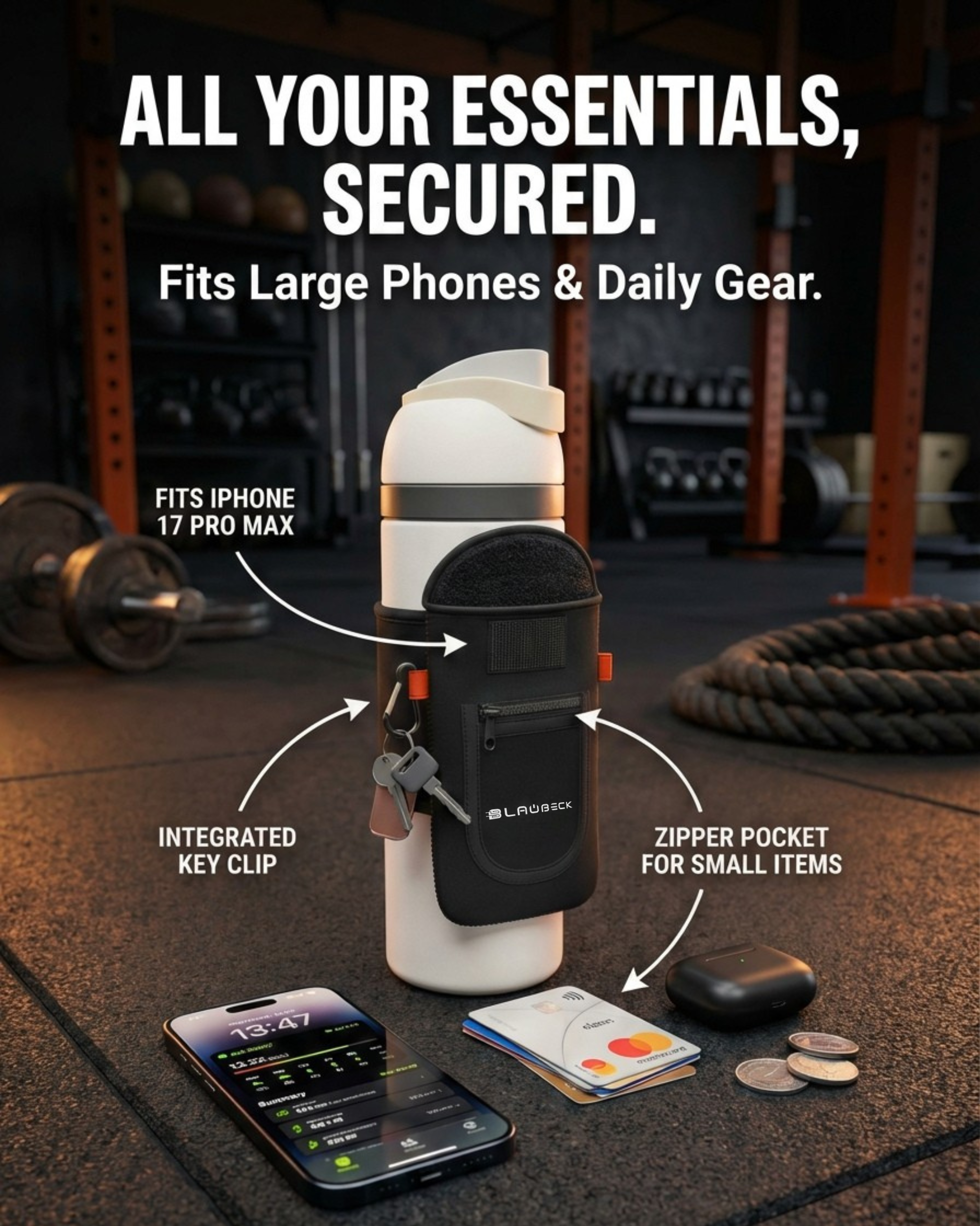 BLAUBECK Magnetic Water Bottle Sleeve & Phone Holder — Hands-Free at the Gym